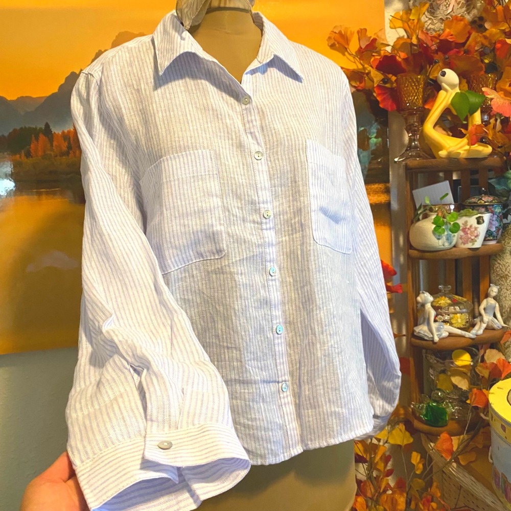 C&C California 100% Linen Shirt Coastal Grandma Button Down Women XL Blue White